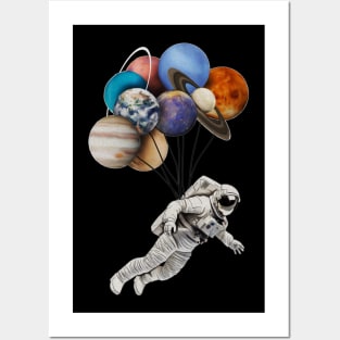 Astronaut Floating with Planets as Balloons Colourful Posters and Art